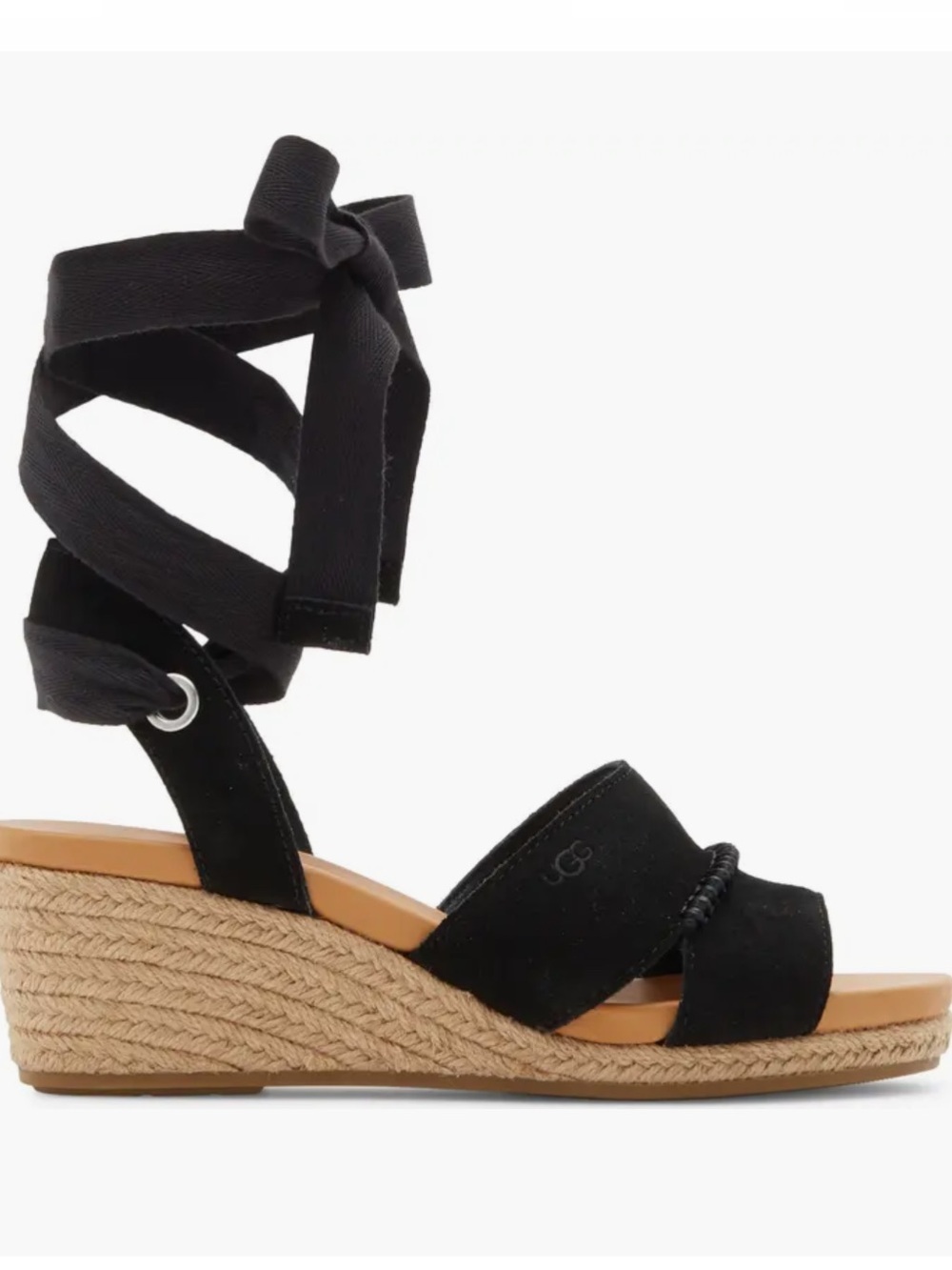 UGG Taia Ankle Tie Wedge Sandal in Black Suede Size 10